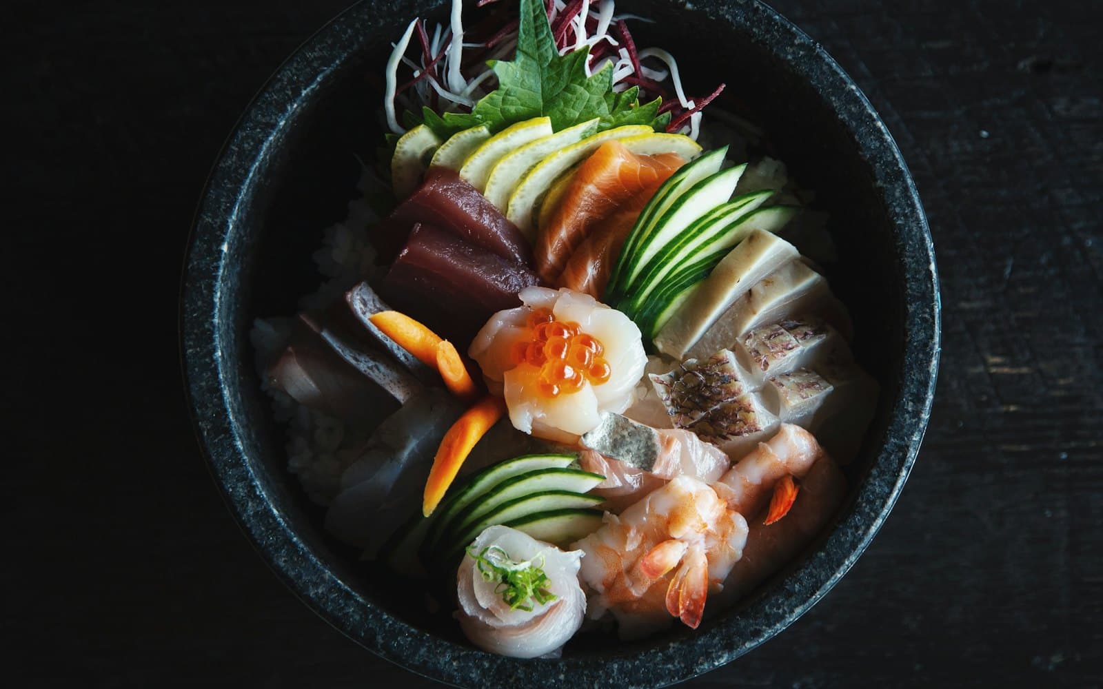 A chirashi bowl with tuna, salmon, prawns and scallop at My Sushi Bar, Sofia